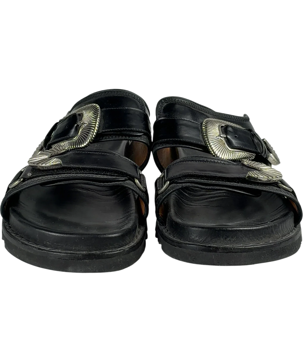 Toga Virilis Black Polished Sandals UK 9.5 EU 42.5 — Front (both, face on)