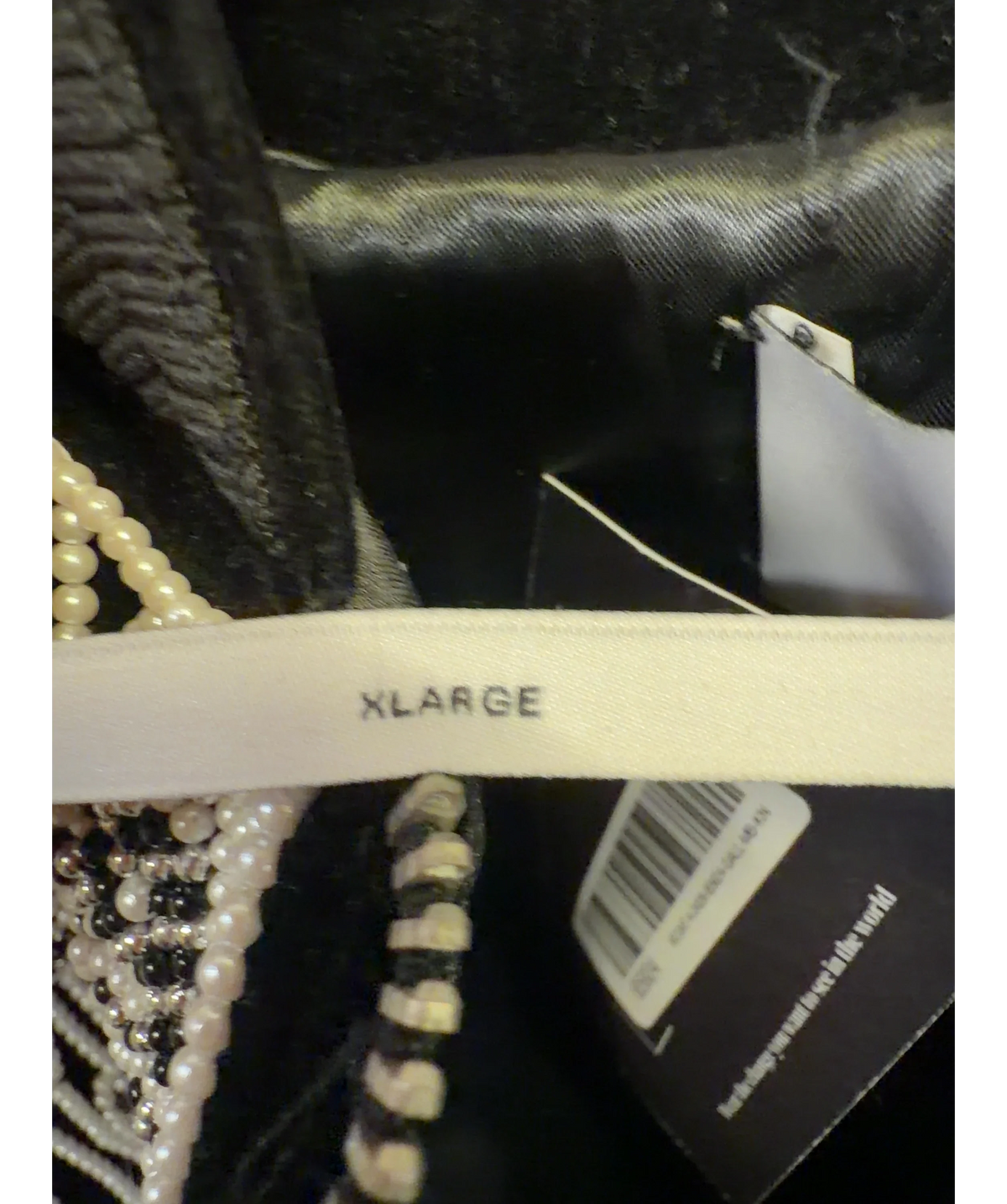HELIOT EMIL Black pearl/beaded baroque-style bomber jacket, size UK XL — care label