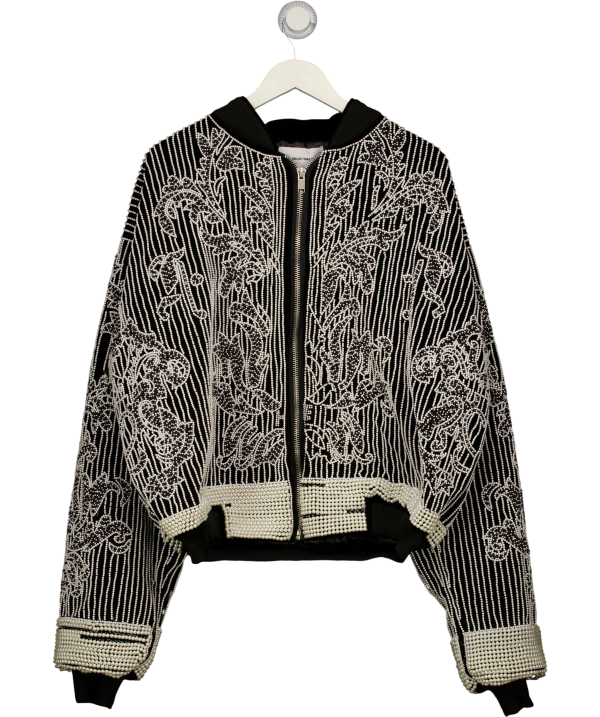 HELIOT EMIL Black pearl/beaded baroque-style bomber jacket, size UK XL — front