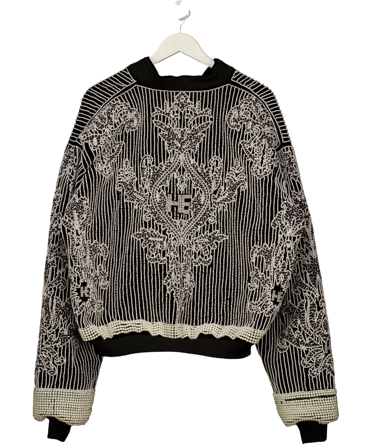 HELIOT EMIL Black pearl/beaded baroque-style bomber jacket, size UK XL — back