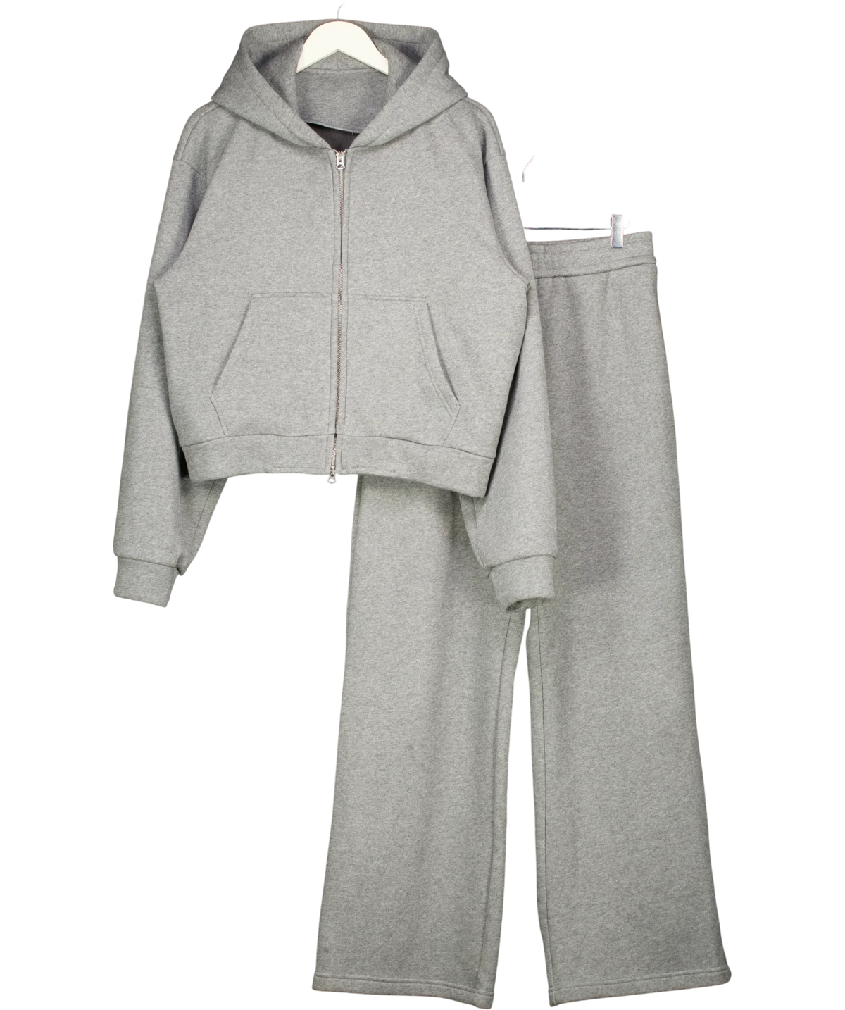 WILLIAM LOOK Grey cropped zip-up hoodie and wide-leg trouser tracksuit set, size UK L — front