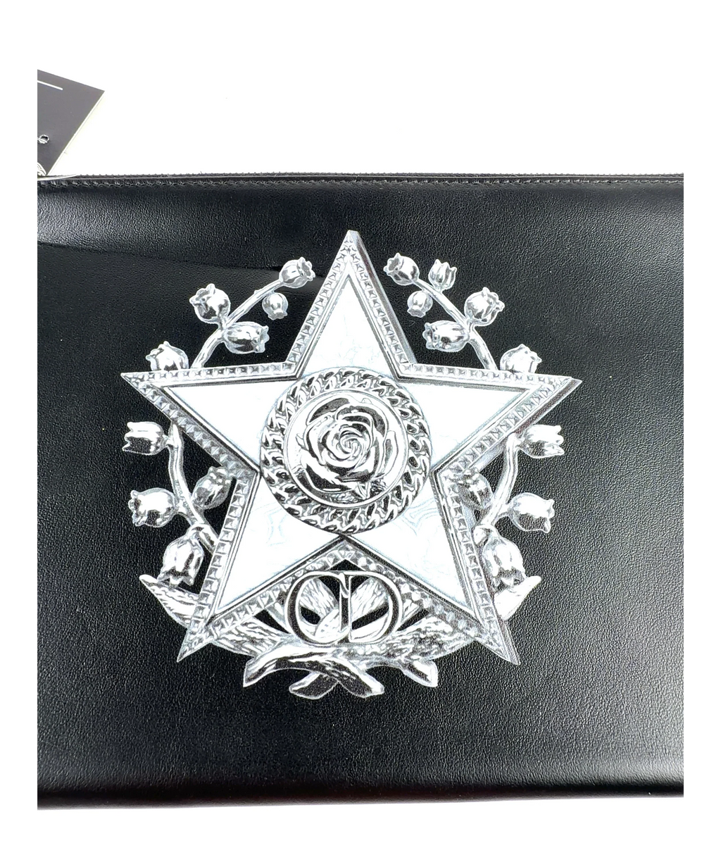 Christian Dior Black Star and Rose Leather Pouch / Clutch — label