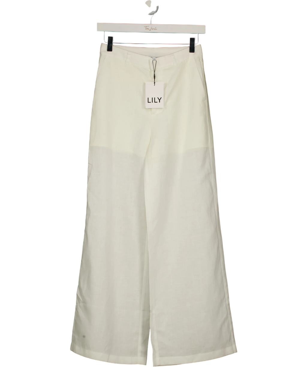 LILY White Lyocell-Linen Straight Wide-Leg TROUSERS  White, size UK S — front