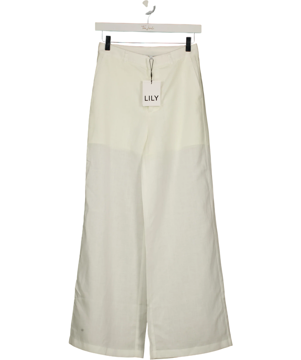 LILY White Lyocell-Linen Straight Wide-Leg TROUSERS  White, size UK S — front