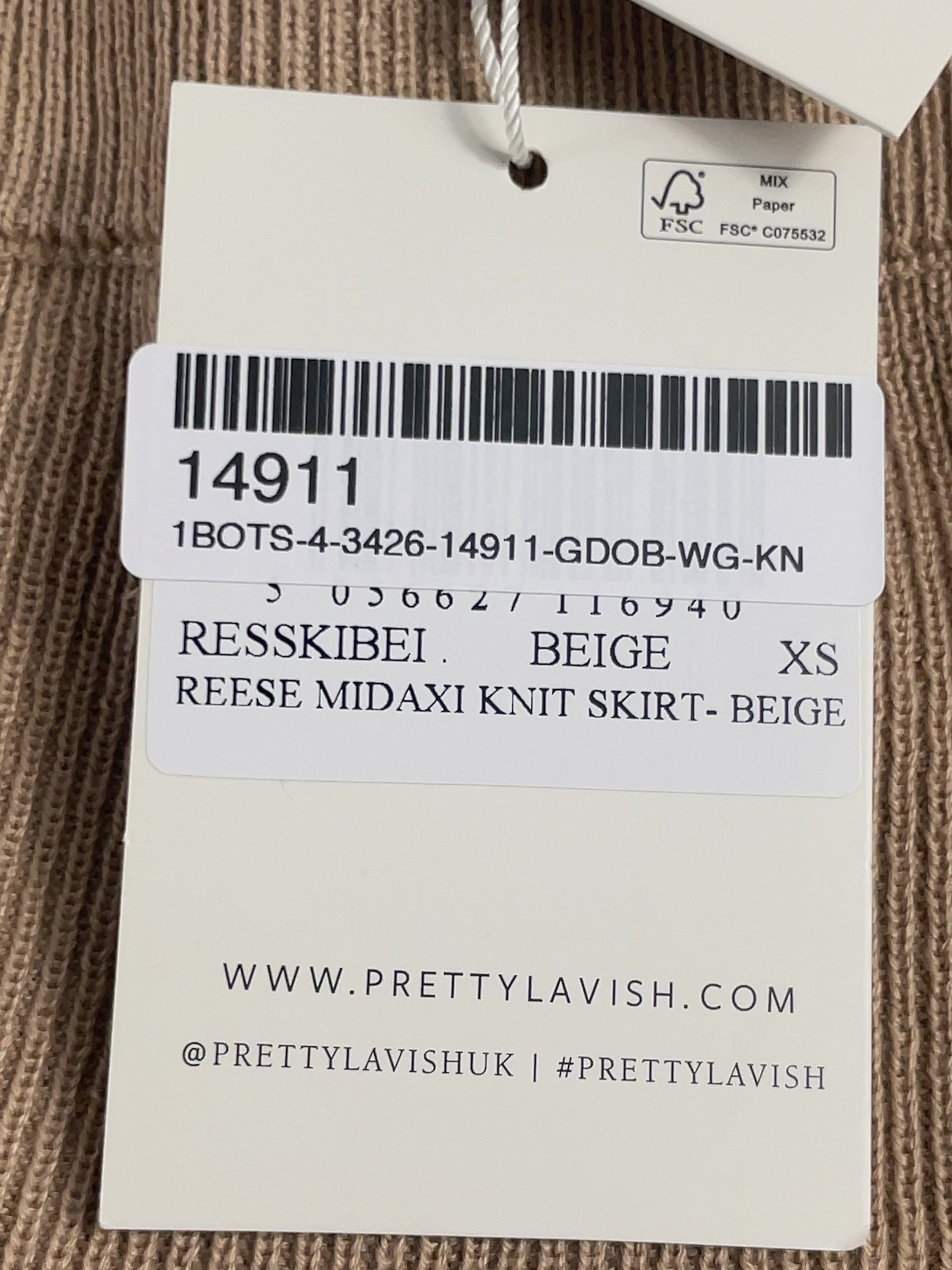 PRETTY LAVISH Brown Reese Midaxi Knit Skirt Beige, size UK XS — care label