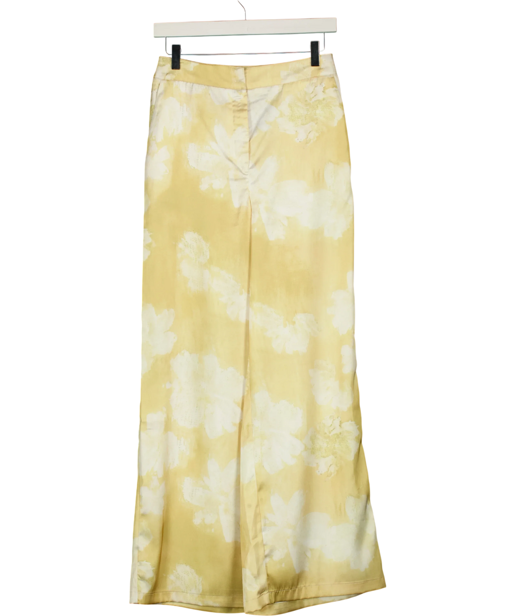 Commense Yellow Floral Print Satin Wide Leg Pants Yellow, size UK XS — front