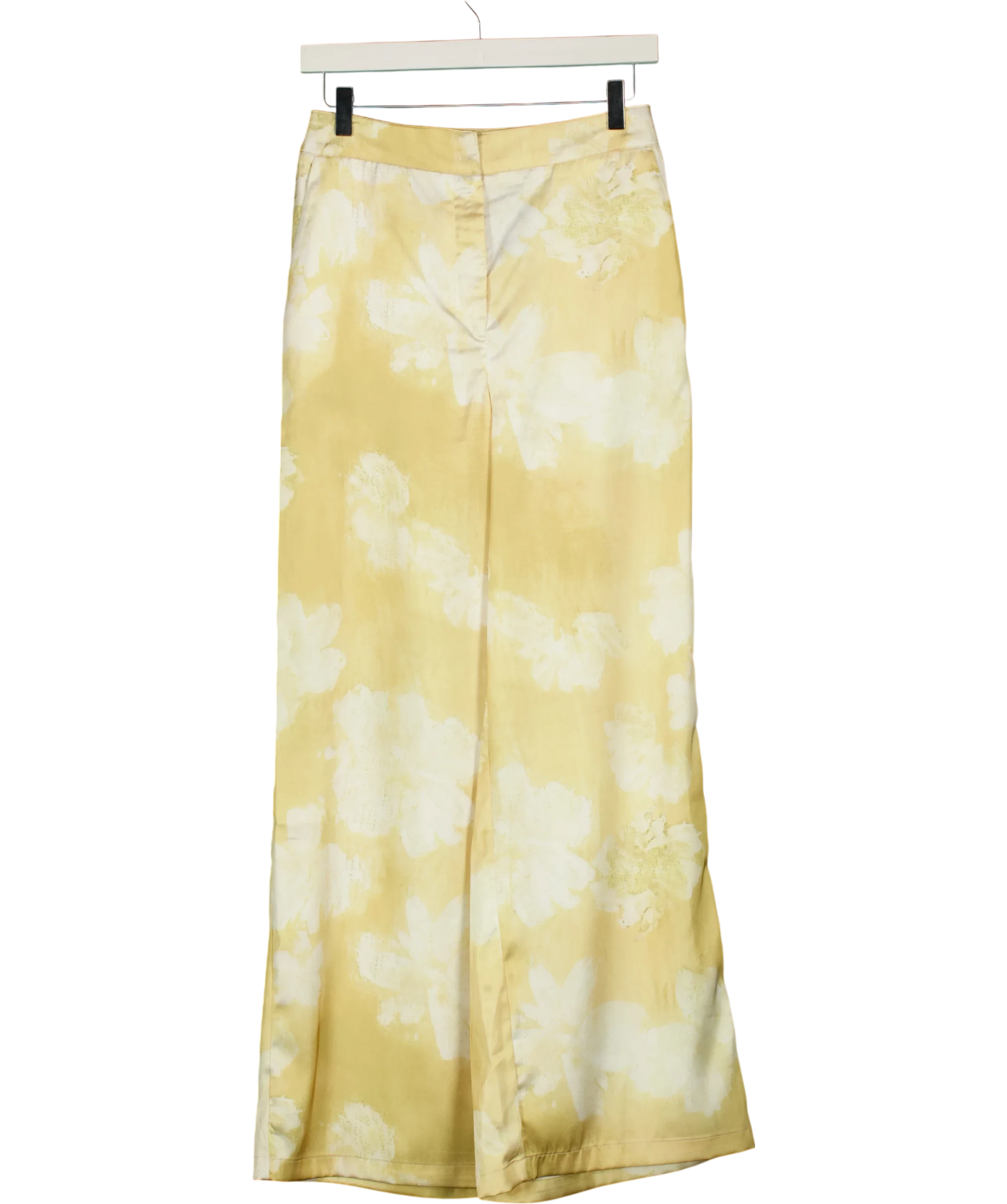 Commense Yellow Floral Print Satin Wide Leg Pants Yellow, size UK XS — front