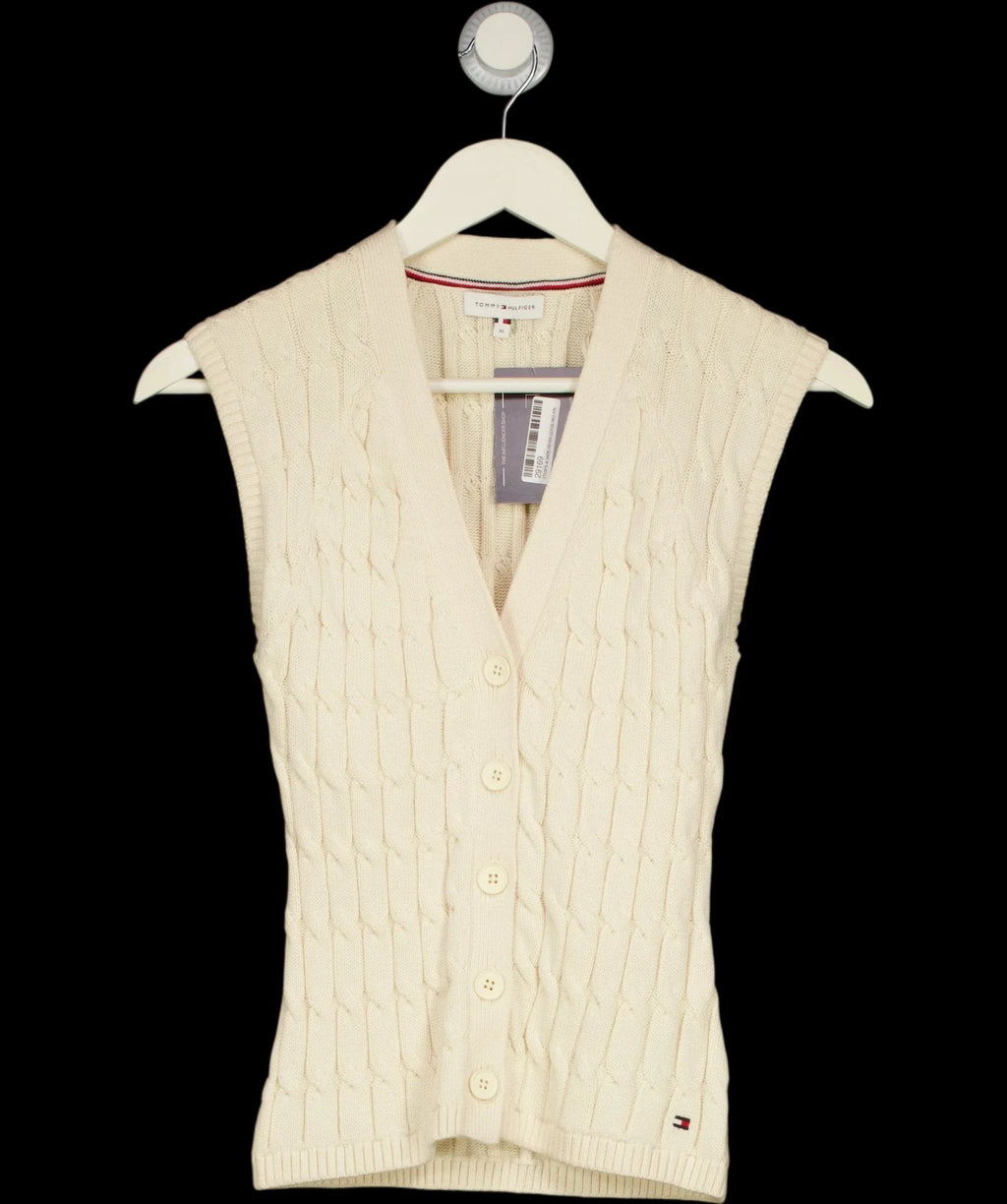 TOMMY HILFIGER Cream Cable Knit Slim Cap Sleeve Cardigan Ivory cream, size UK XS — detail