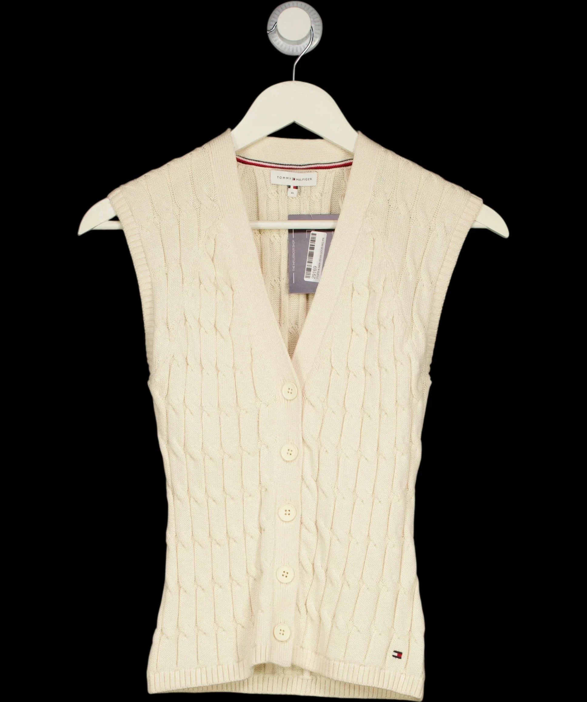 TOMMY HILFIGER Cream Cable Knit Slim Cap Sleeve Cardigan Ivory cream, size UK XS — detail