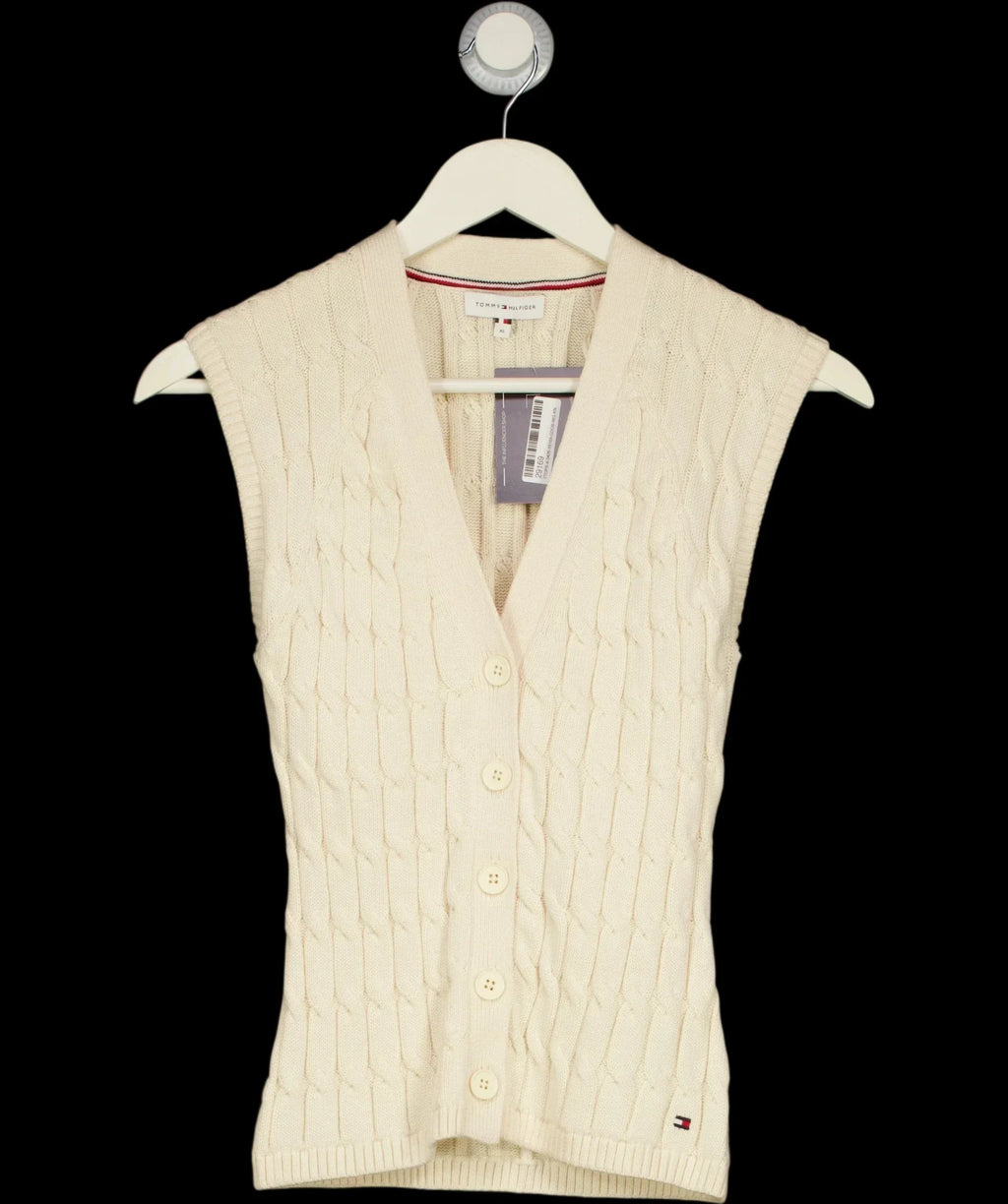 TOMMY HILFIGER Cream Cable Knit Slim Cap Sleeve Cardigan Ivory cream, size UK XS — detail