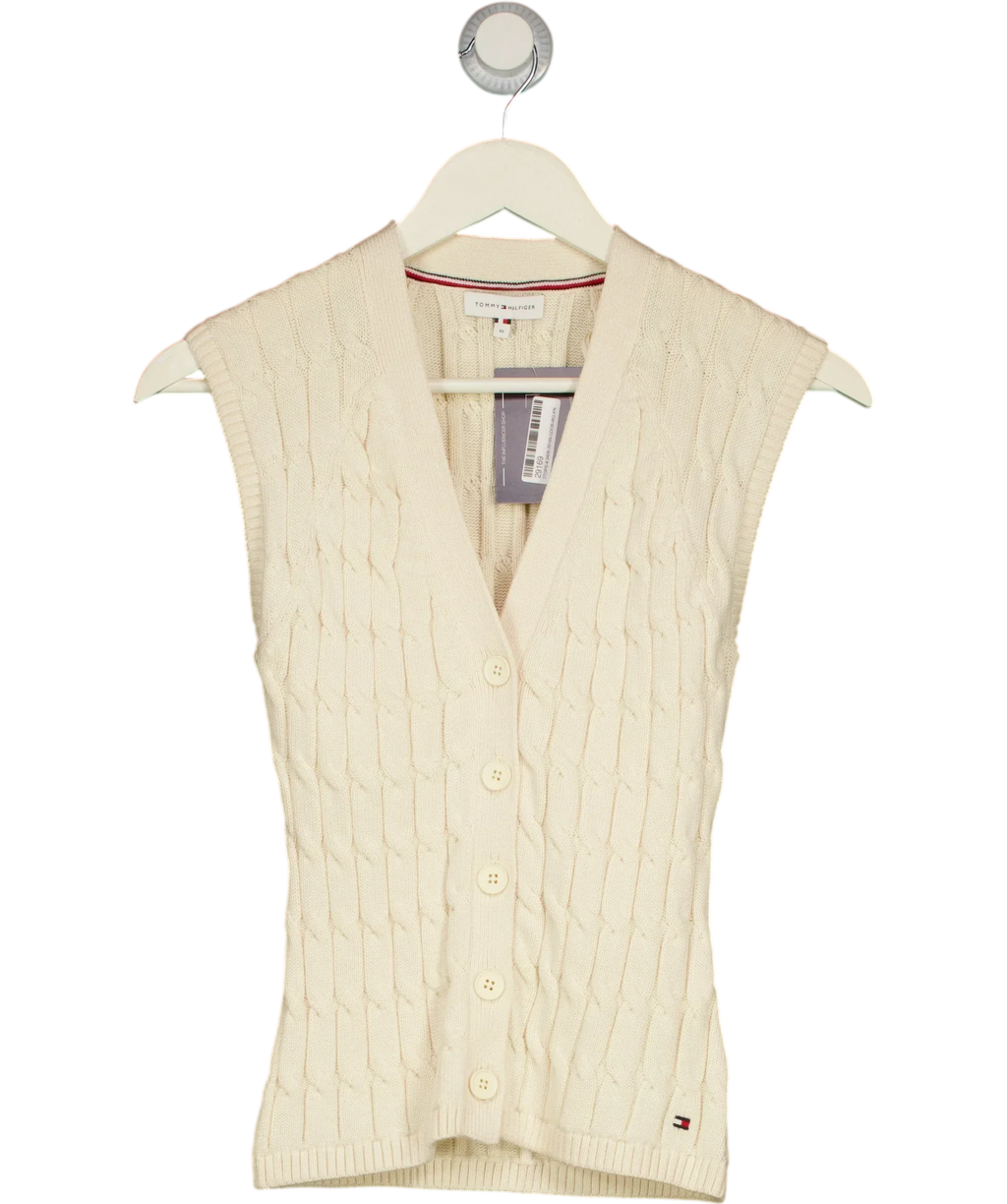 TOMMY HILFIGER Cream Cable Knit Slim Cap Sleeve Cardigan Ivory cream, size UK XS — front