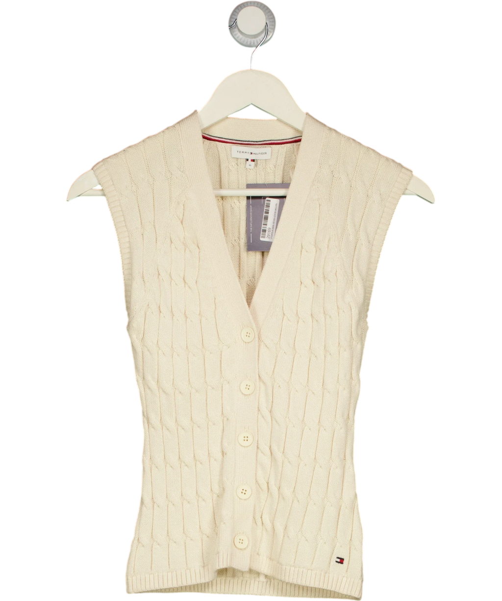 TOMMY HILFIGER Cream Cable Knit Slim Cap Sleeve Cardigan Ivory cream, size UK XS — front