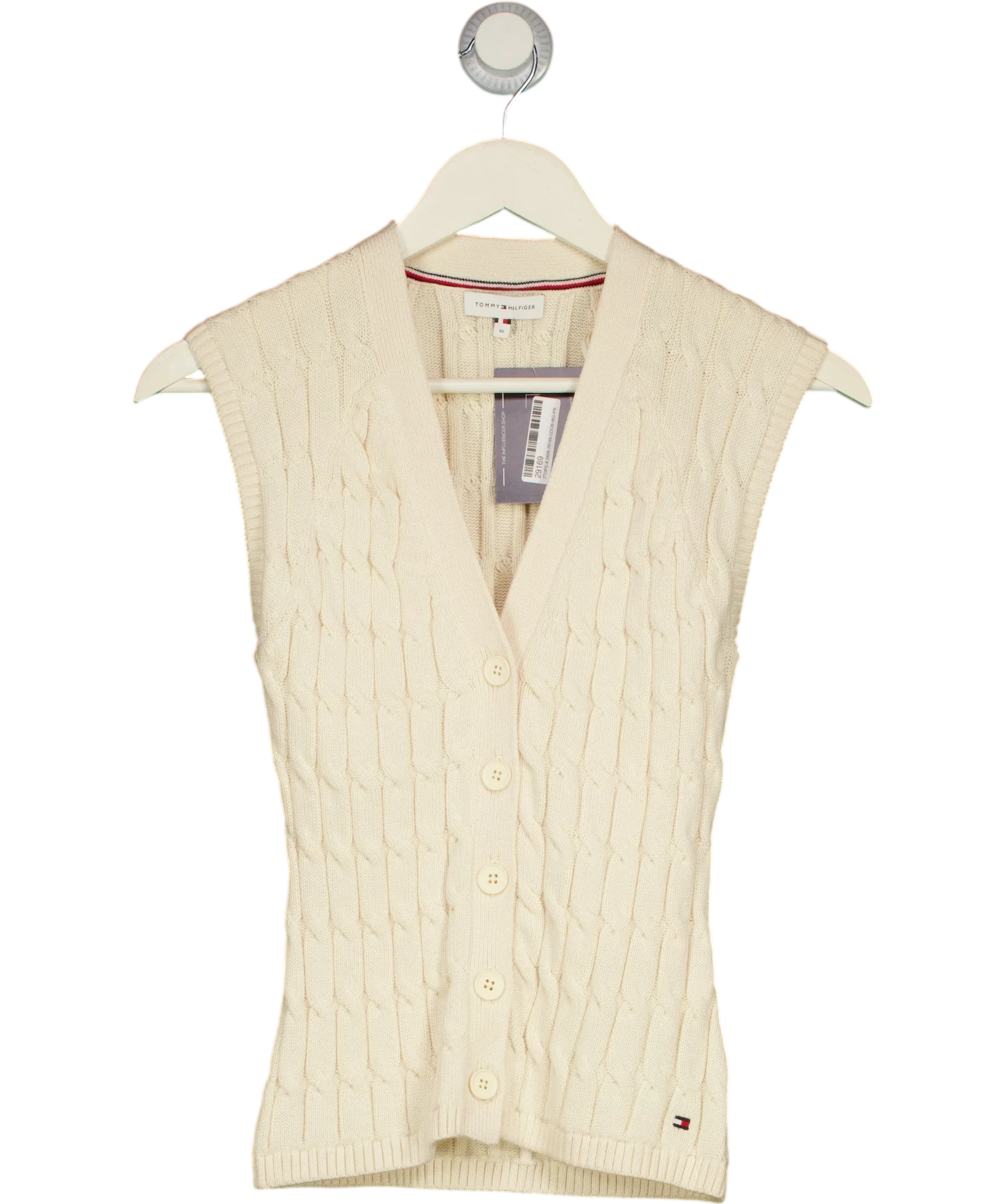 TOMMY HILFIGER Cream Cable Knit Slim Cap Sleeve Cardigan Ivory cream, size UK XS — front
