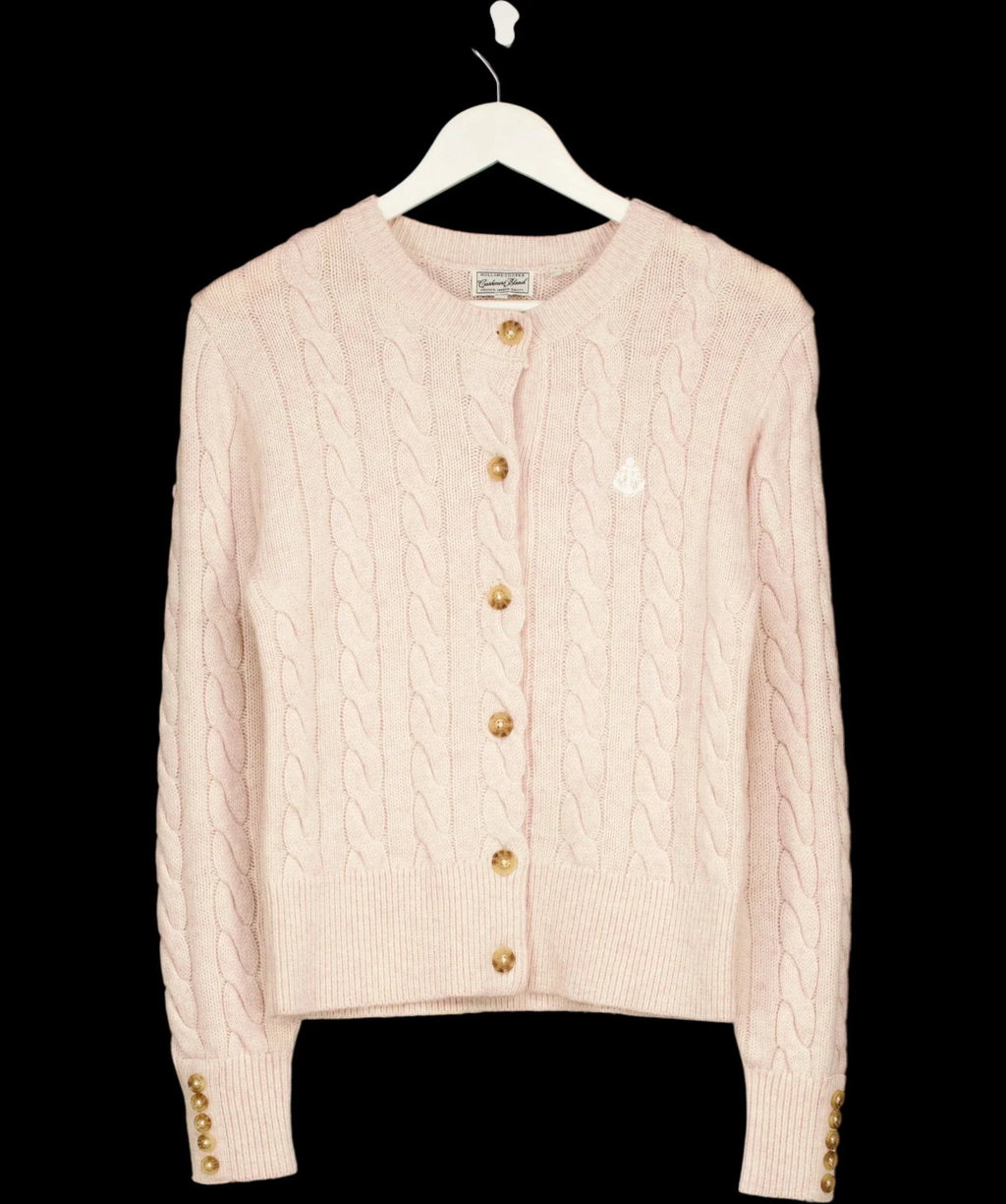 HOLLAND COOPER Pink Bourton Cable Knit Cashmere Blend Cardigan Palest Pink, size UK S — detail