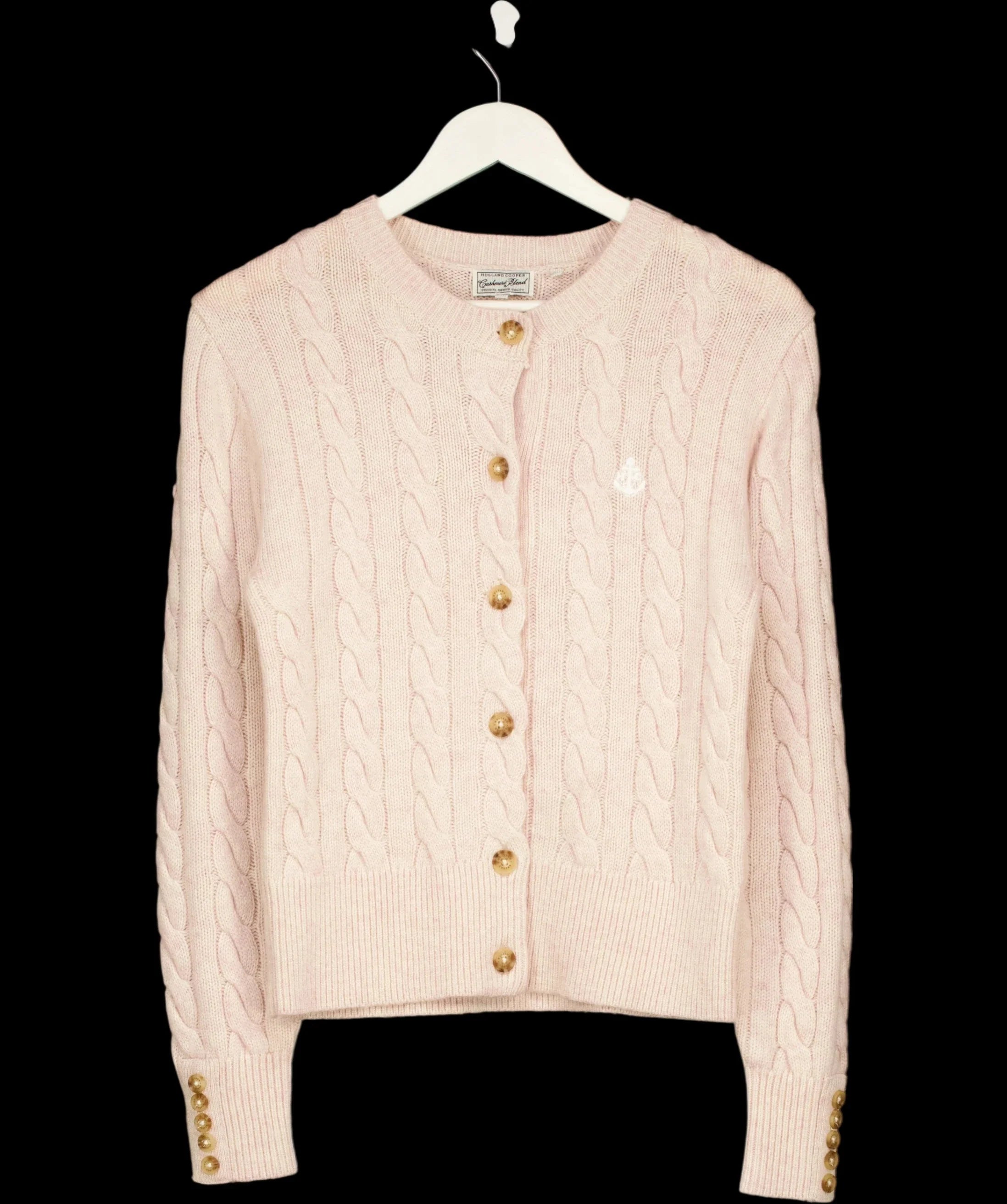 HOLLAND COOPER Pink Bourton Cable Knit Cashmere Blend Cardigan Palest Pink, size UK S — detail