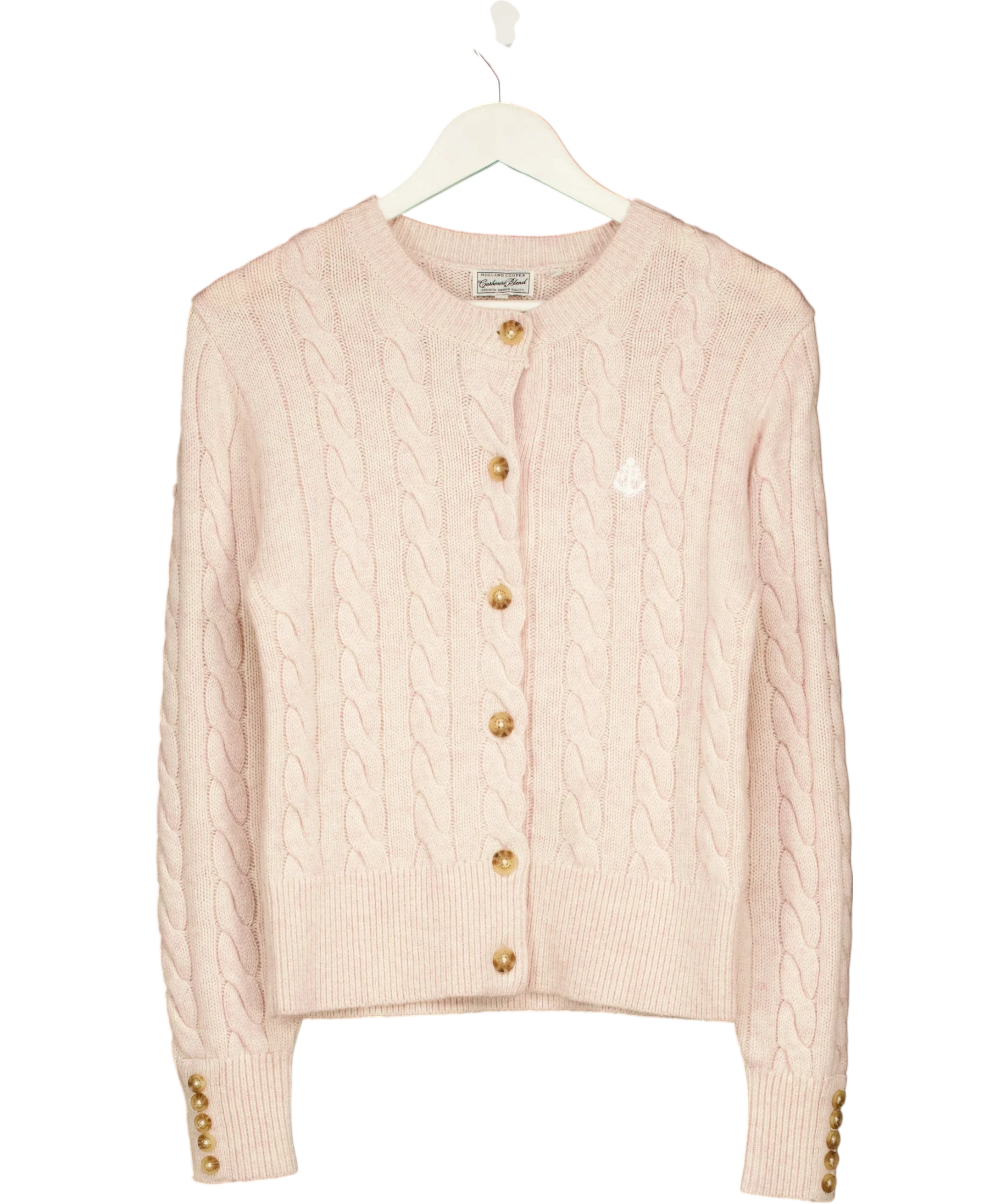 HOLLAND COOPER Pink Bourton Cable Knit Cashmere Blend Cardigan Palest Pink, size UK S — front