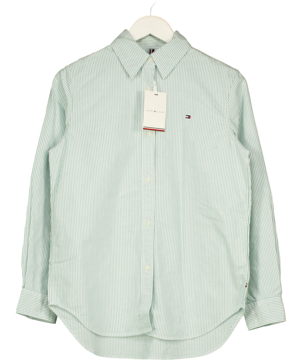 TOMMY HILFIGER Green Regular Fit Flag Embroidery Poplin Shirt Green Stripe Size 34, size UK 6 — front