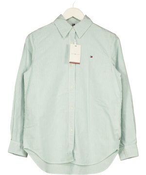 TOMMY HILFIGER Regular Fit Flag Embroidery Poplin Shirt Green Stripe Size 34 UK 6