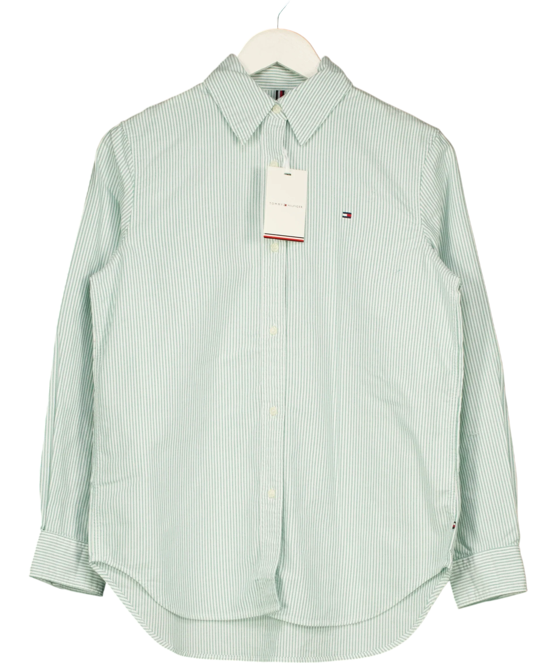 TOMMY HILFIGER Green Regular Fit Flag Embroidery Poplin Shirt Green Stripe Size 34, size UK 6 — front