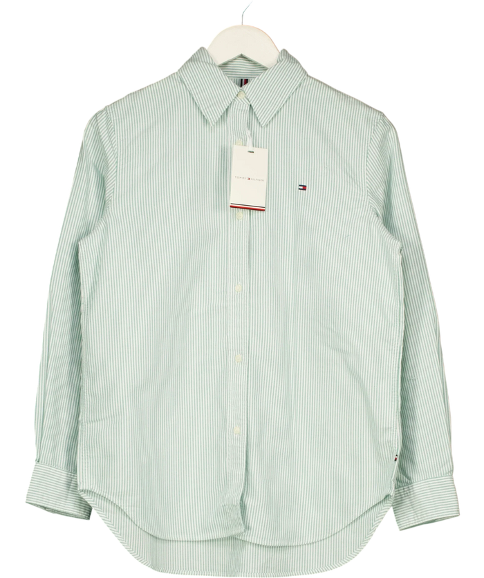 TOMMY HILFIGER Regular Fit Flag Embroidery Poplin Shirt Green Stripe Size 34 UK 6
