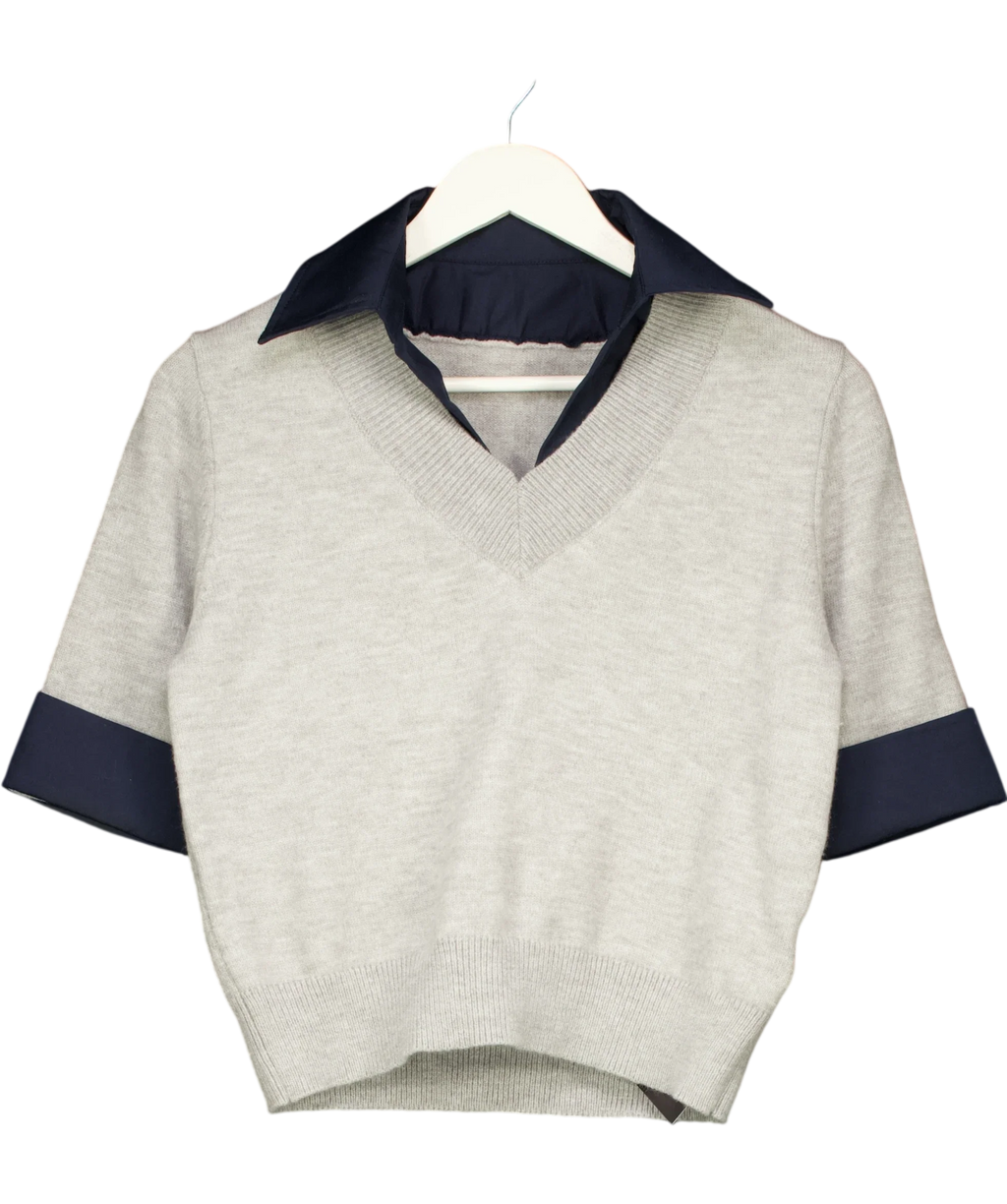 Commense Grey Contrast Collar Elbow Sleeve Knit Top Grey/Navy, size UK S — front