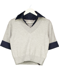 Commense Grey Contrast Collar Elbow Sleeve Knit Top Grey/Navy, size UK S — front