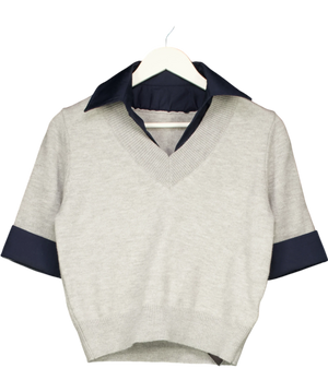 Commense Grey Contrast Collar Elbow Sleeve Knit Top Grey/navy UK S