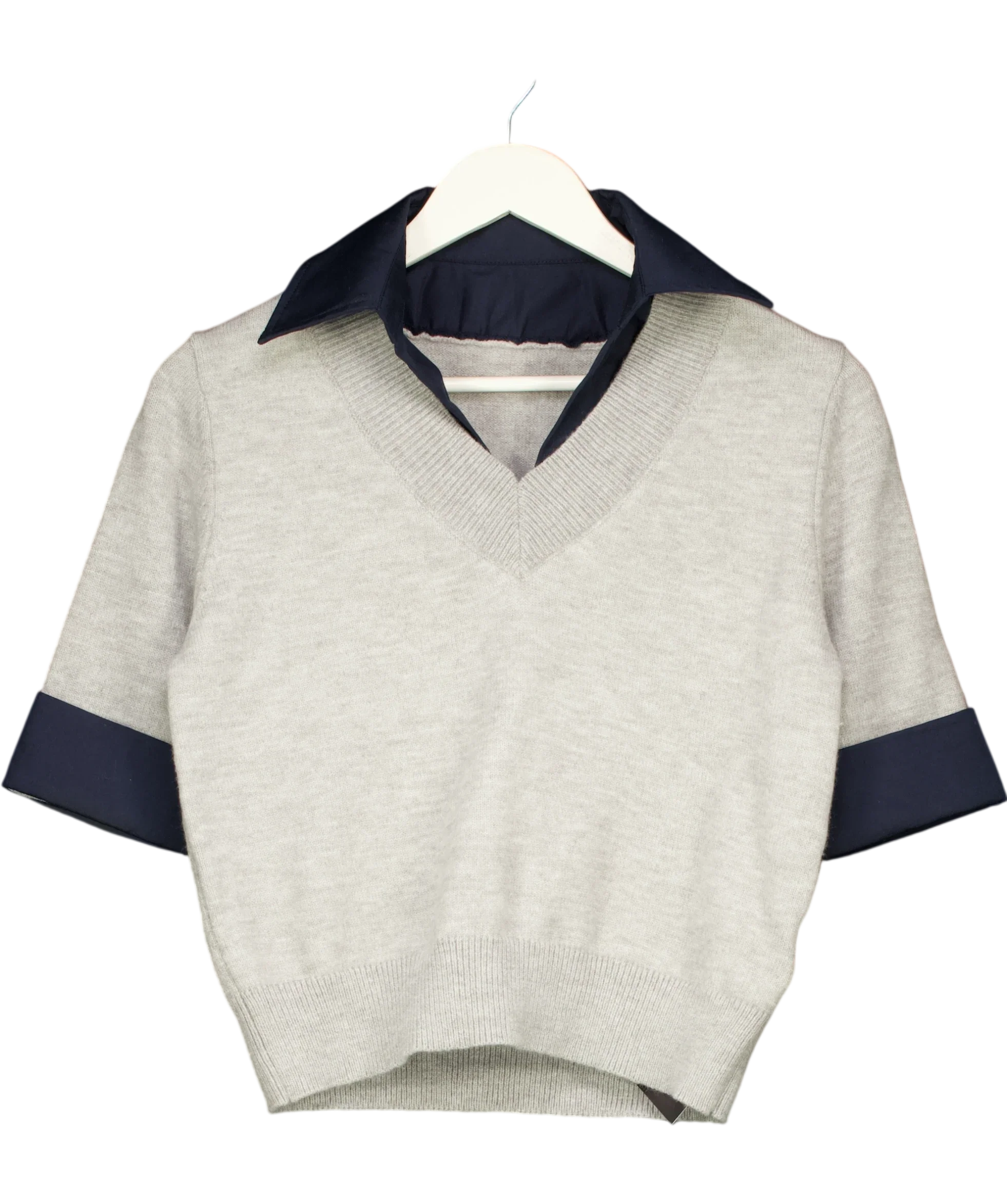Commense Grey Contrast Collar Elbow Sleeve Knit Top Grey/Navy, size UK S — front