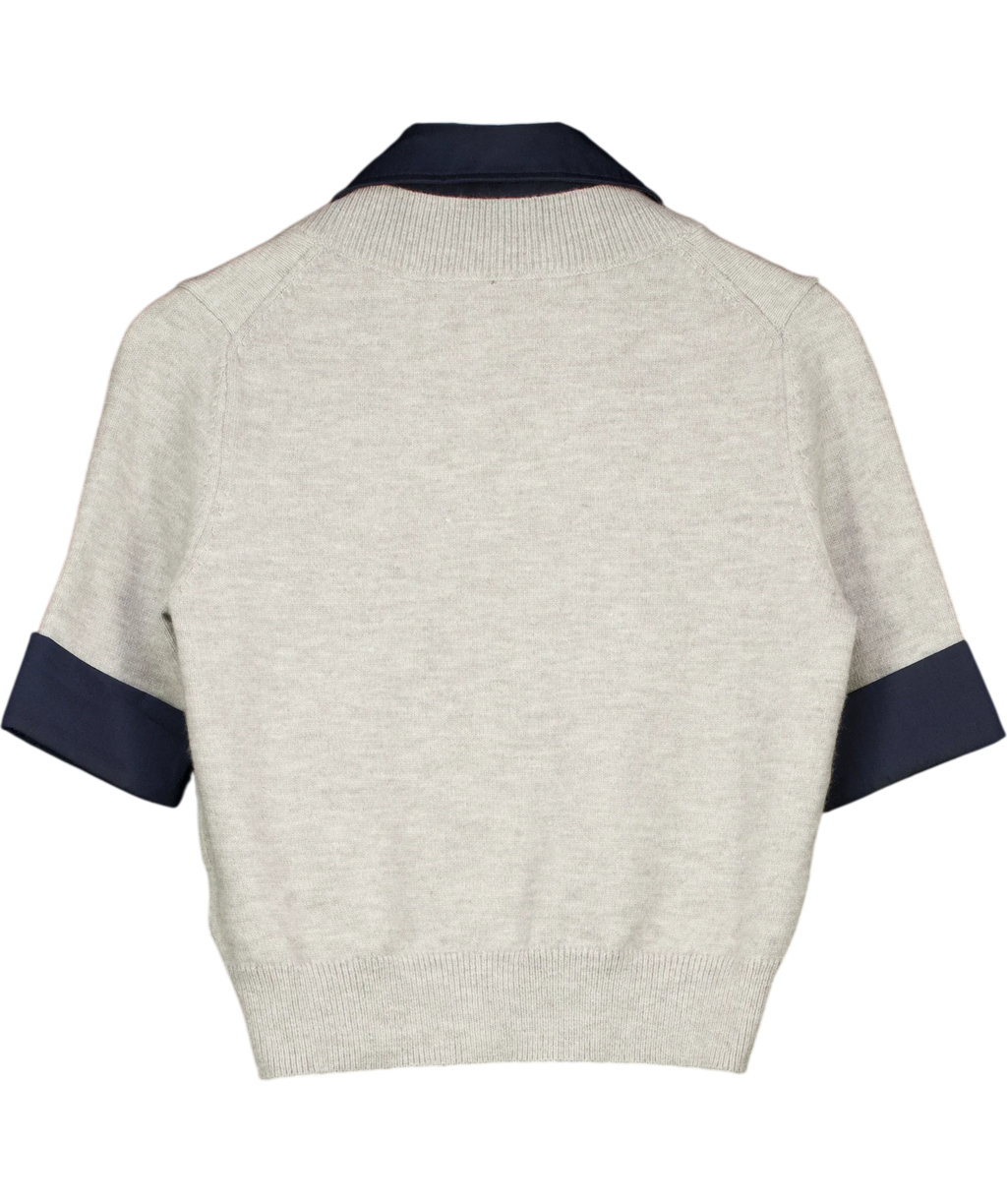 Commense Grey Contrast Collar Elbow Sleeve Knit Top Grey/Navy, size UK S — back