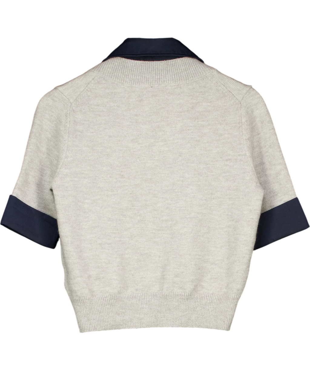 Commense Grey Contrast Collar Elbow Sleeve Knit Top Grey/Navy, size UK S — back