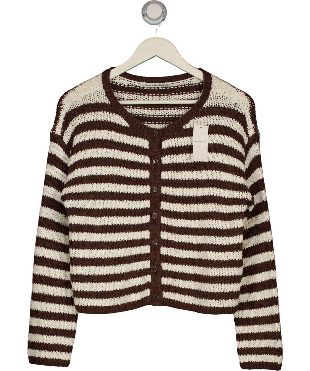 ABERCROMBIE & FITCH Brown Open-Stitch Textural COTTON BLEND Crew Cardigan Brown StripE, size UK XS — front