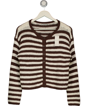 ABERCROMBIE & FITCH Open-stitch Textural Cotton Blend Crew Cardigan Brown Stripe UK XS