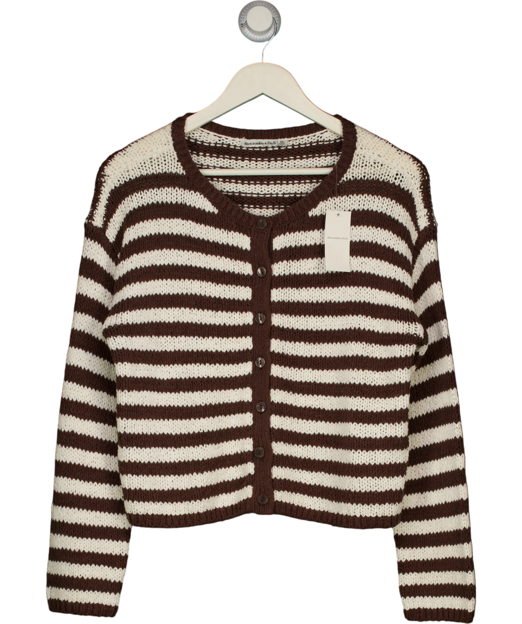 ABERCROMBIE & FITCH Brown Open-Stitch Textural COTTON BLEND Crew Cardigan Brown StripE, size UK XS — front