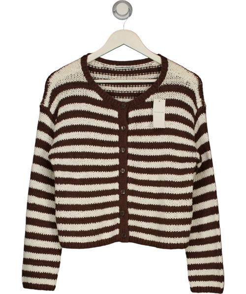 ABERCROMBIE & FITCH Brown Open-Stitch Textural COTTON BLEND Crew Cardigan Brown StripE, size UK XS — front