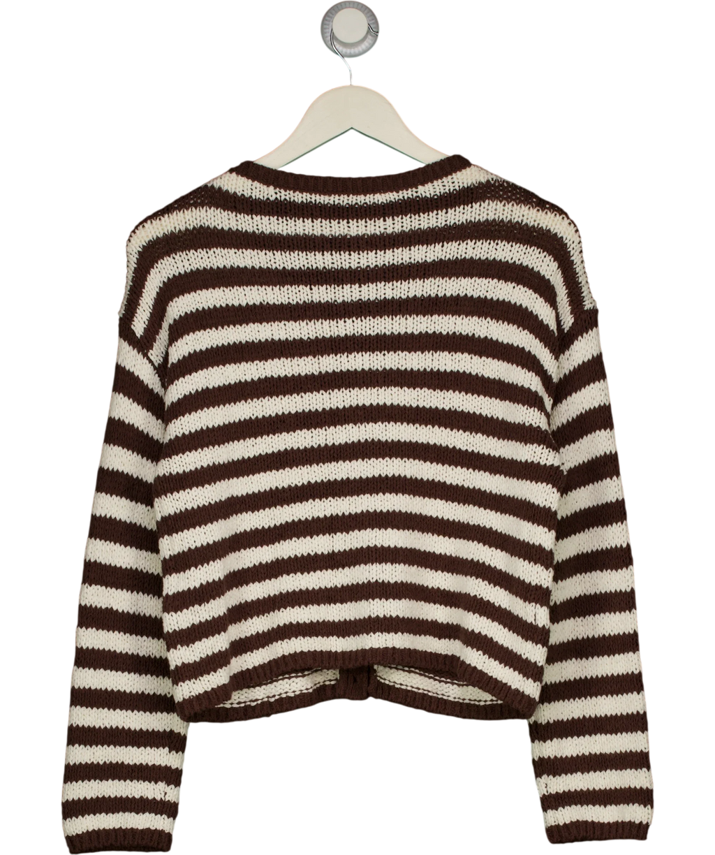 ABERCROMBIE & FITCH Brown Open-Stitch Textural COTTON BLEND Crew Cardigan Brown StripE, size UK XS — back