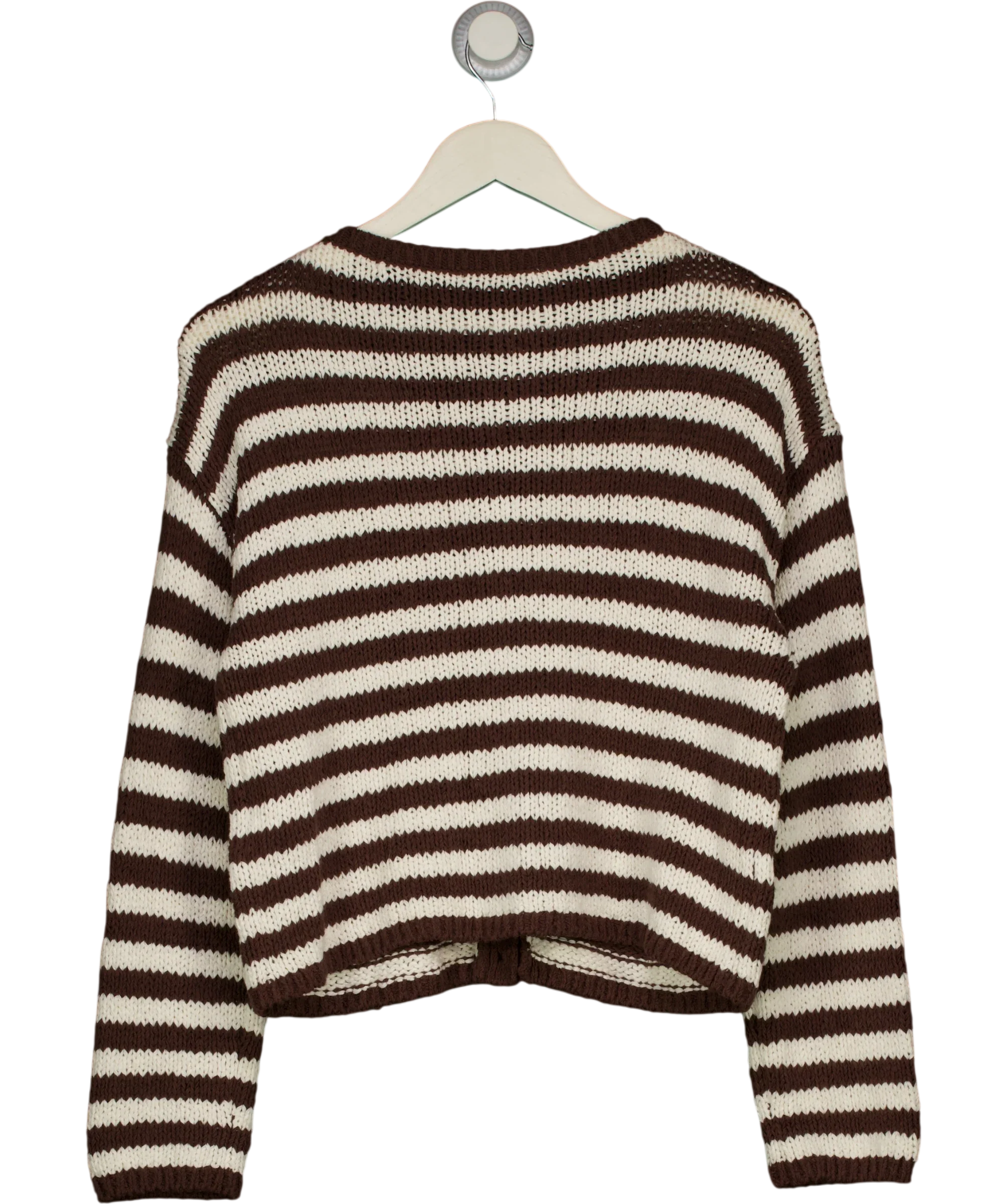 ABERCROMBIE & FITCH Brown Open-Stitch Textural COTTON BLEND Crew Cardigan Brown StripE, size UK XS — back