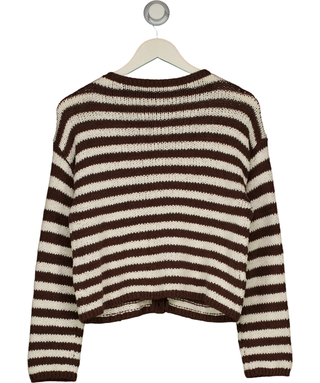 ABERCROMBIE & FITCH Brown Open-Stitch Textural COTTON BLEND Crew Cardigan Brown StripE, size UK XS — back