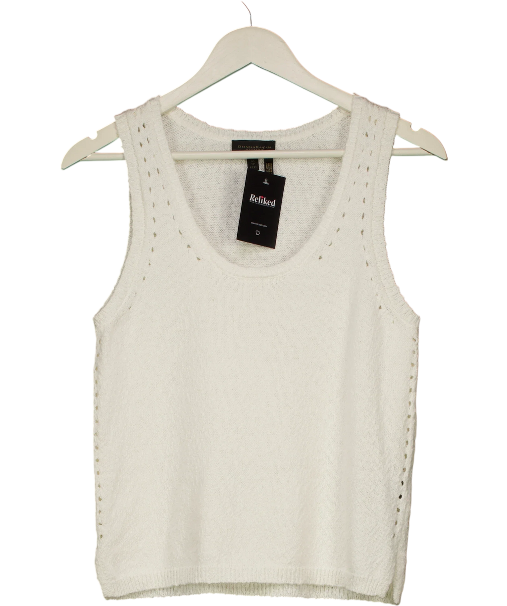 Donna Karan White Cotton Pointelle Stitch Sweater Tank, size UK XS — front