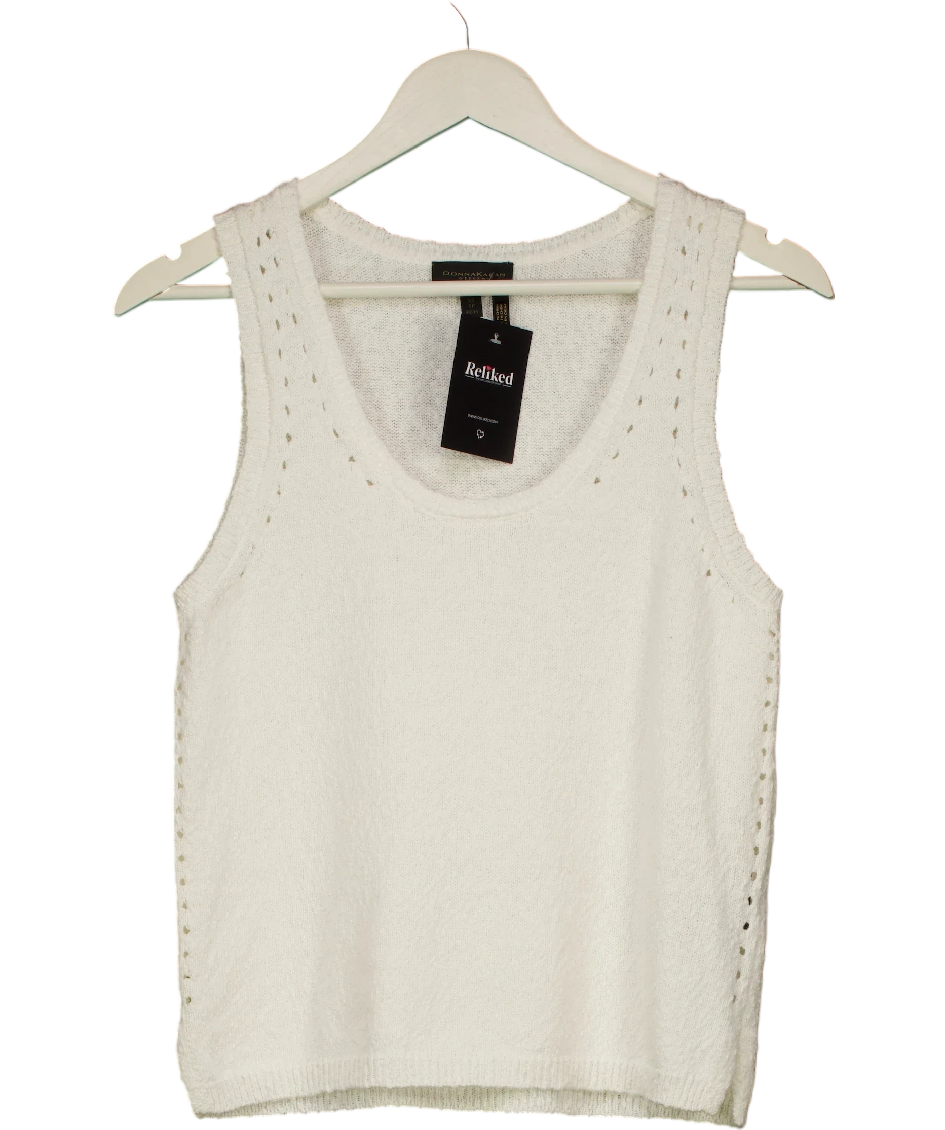 Donna Karan White Cotton Pointelle Stitch Sweater Tank, size UK XS — front