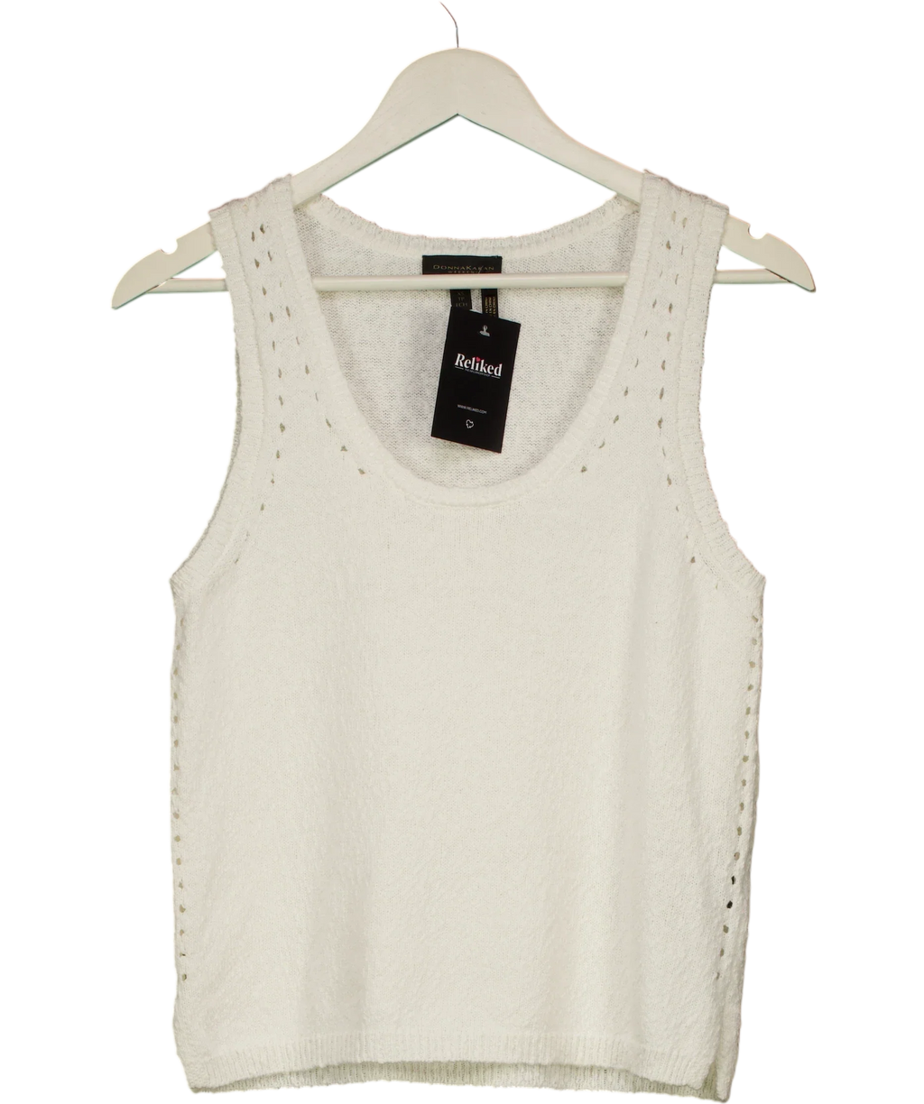 Donna Karan White Cotton Pointelle Stitch Sweater Tank, size UK XS — front