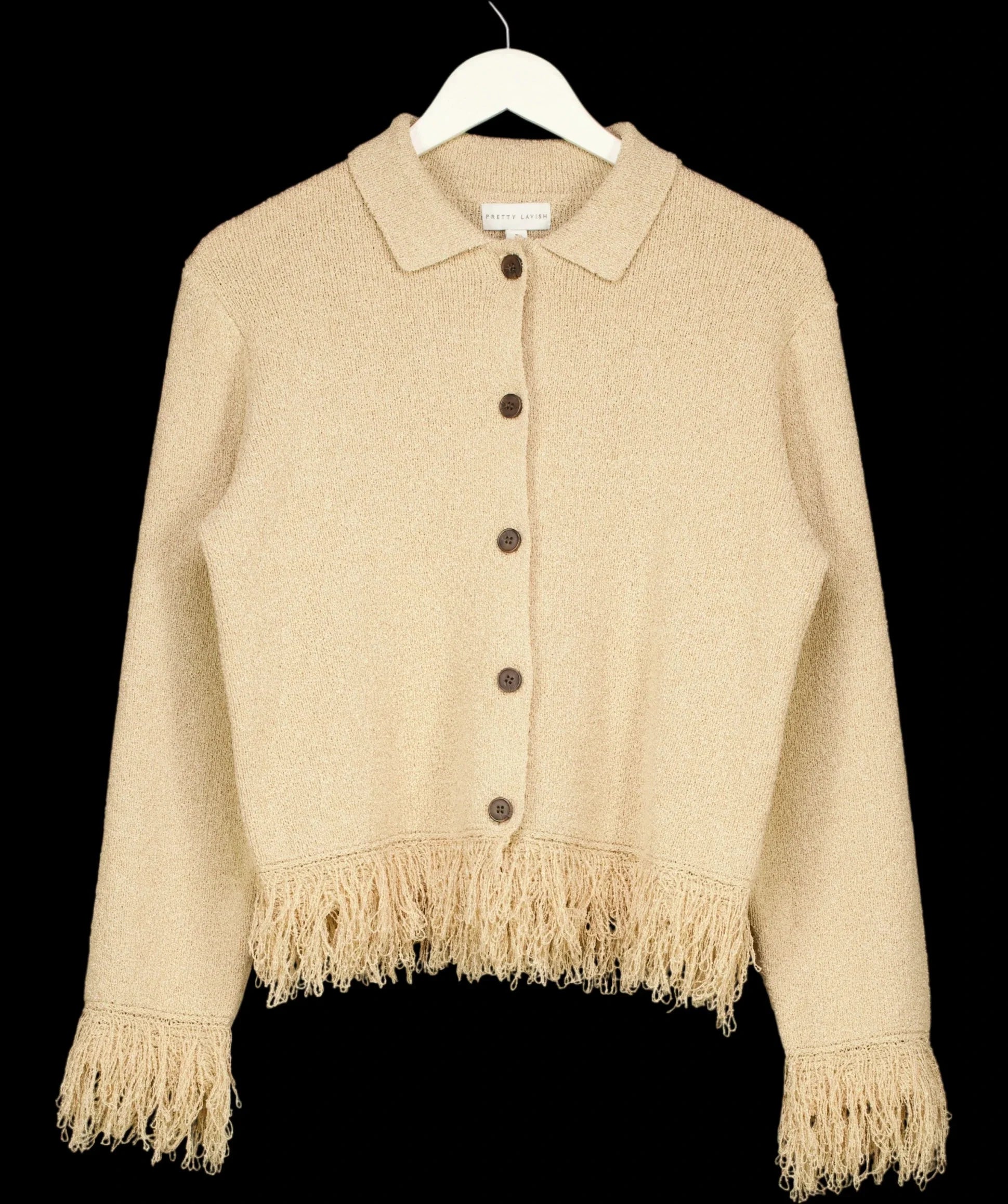 PRETTY LAVISH Beige Analeia Fringe Knit Cardigan Beige, size UK S — detail