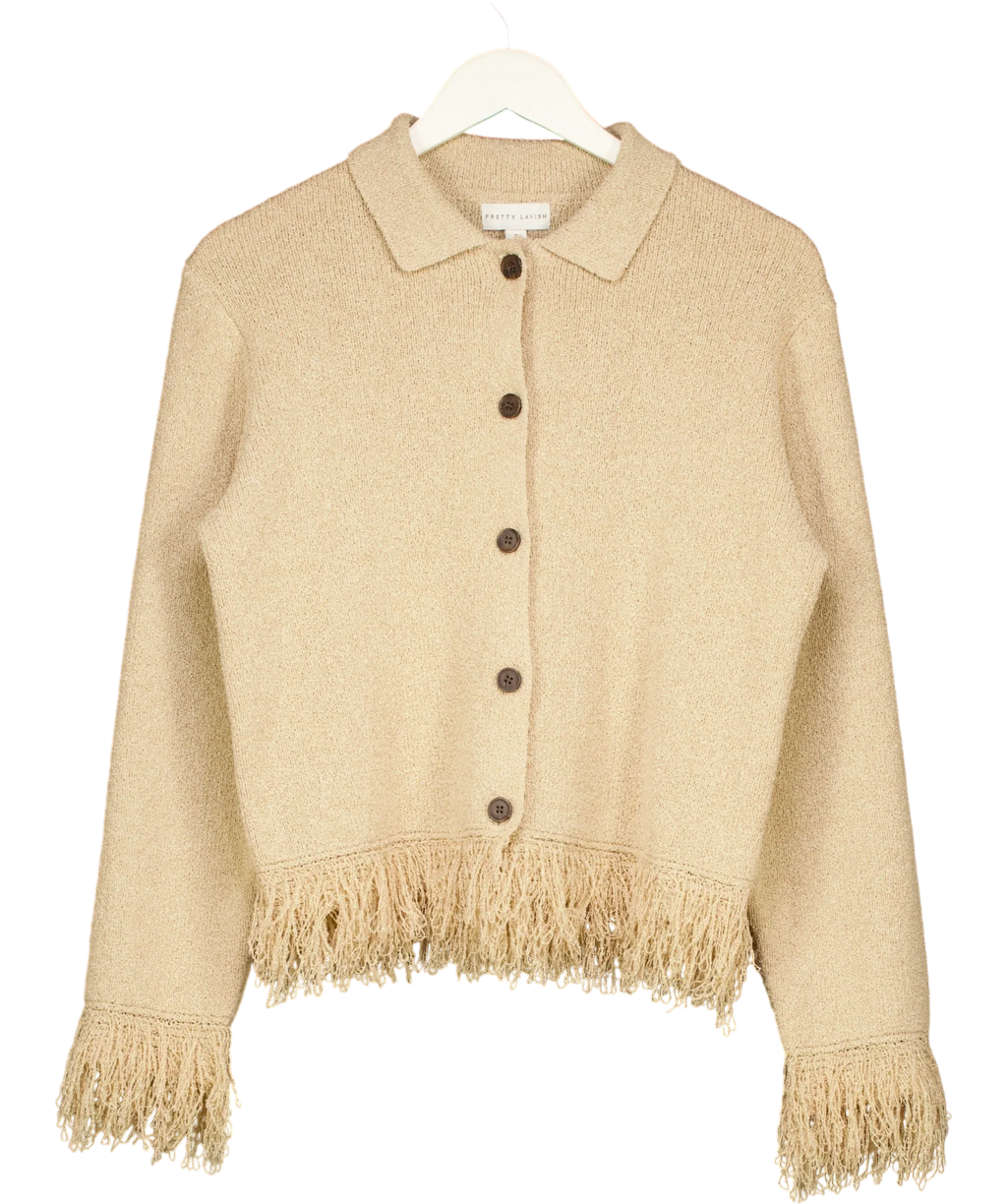 PRETTY LAVISH Beige Analeia Fringe Knit Cardigan Beige, size UK S — front