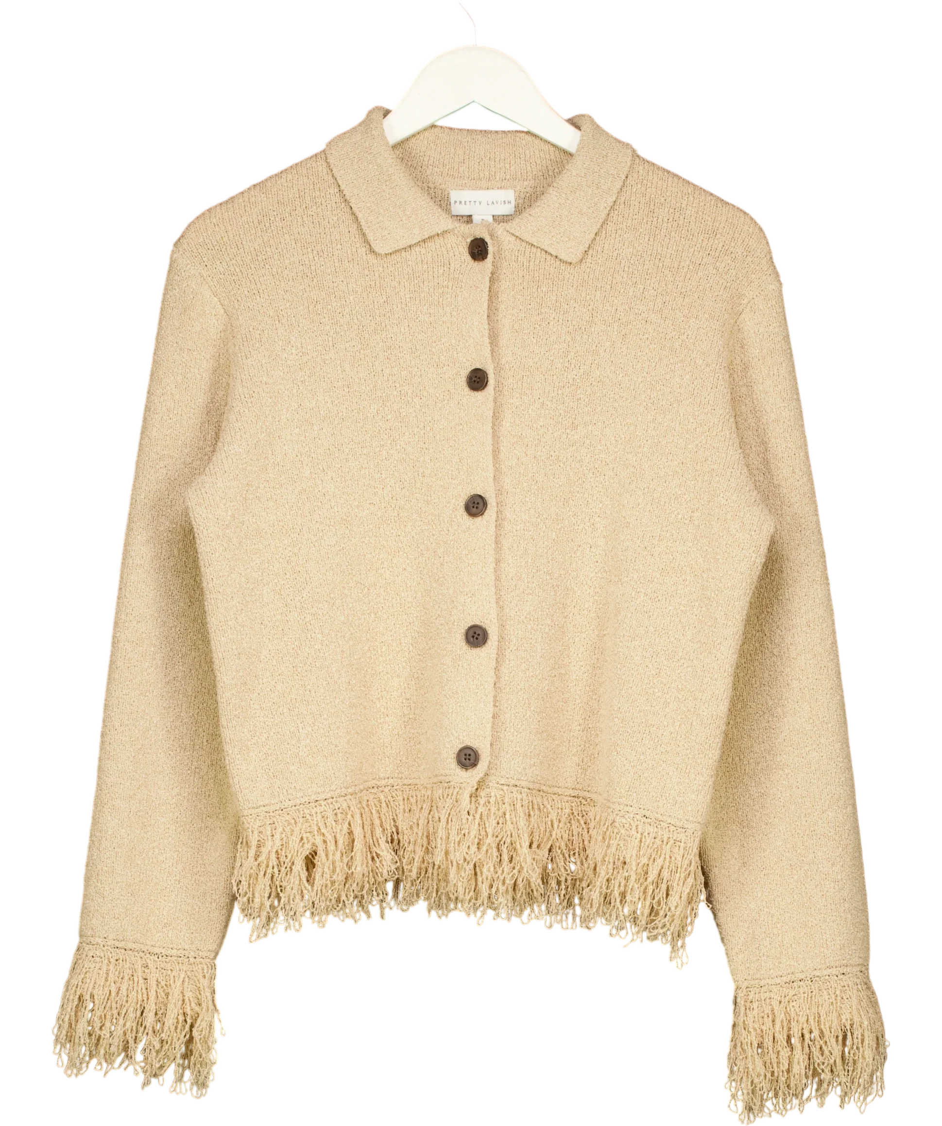 PRETTY LAVISH Beige Analeia Fringe Knit Cardigan Beige, size UK S — front