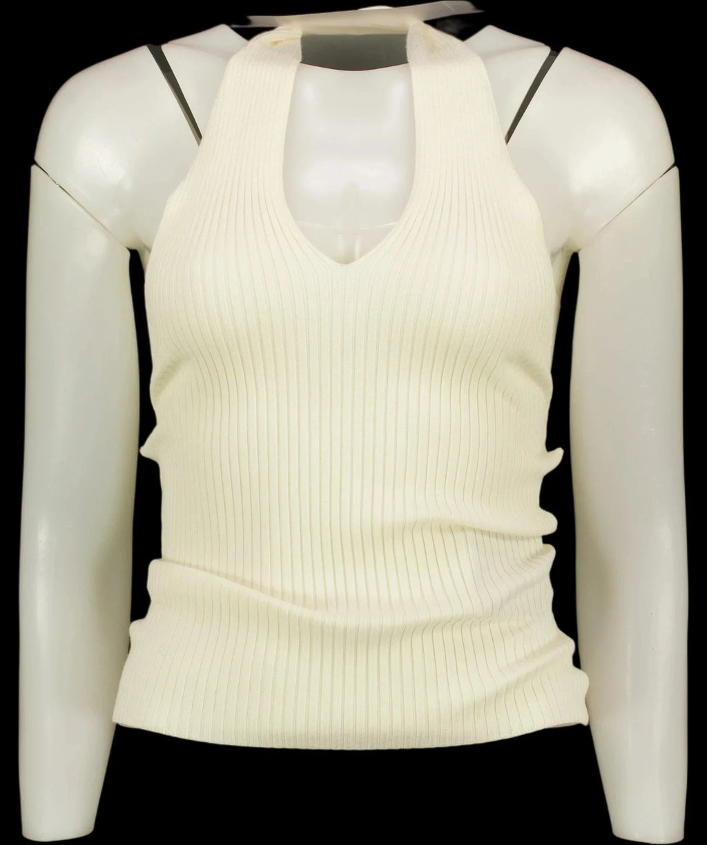 Commense White Ribbed Crisscross Halter Neck Knit Top with horsebit detail Off-White, size UK XS — detail