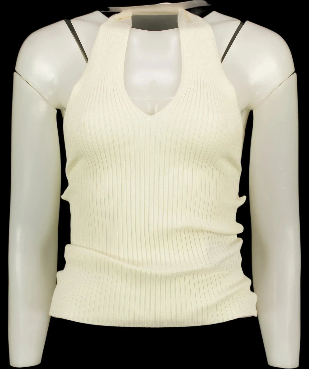 Commense White Ribbed Crisscross Halter Neck Knit Top with horsebit detail Off-White, size UK XS — detail