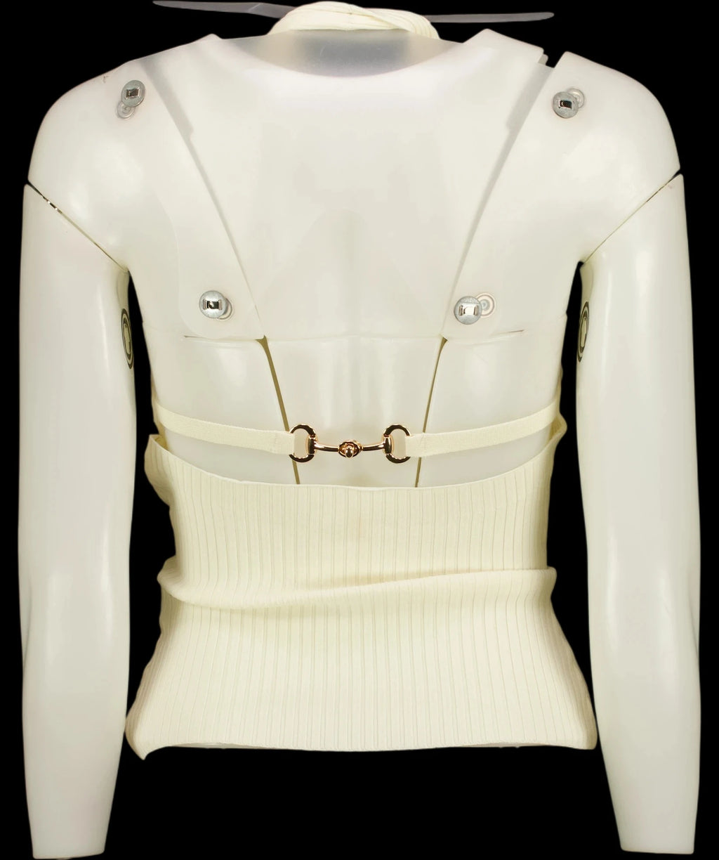 Commense White Ribbed Crisscross Halter Neck Knit Top with horsebit detail Off-White, size UK XS — label