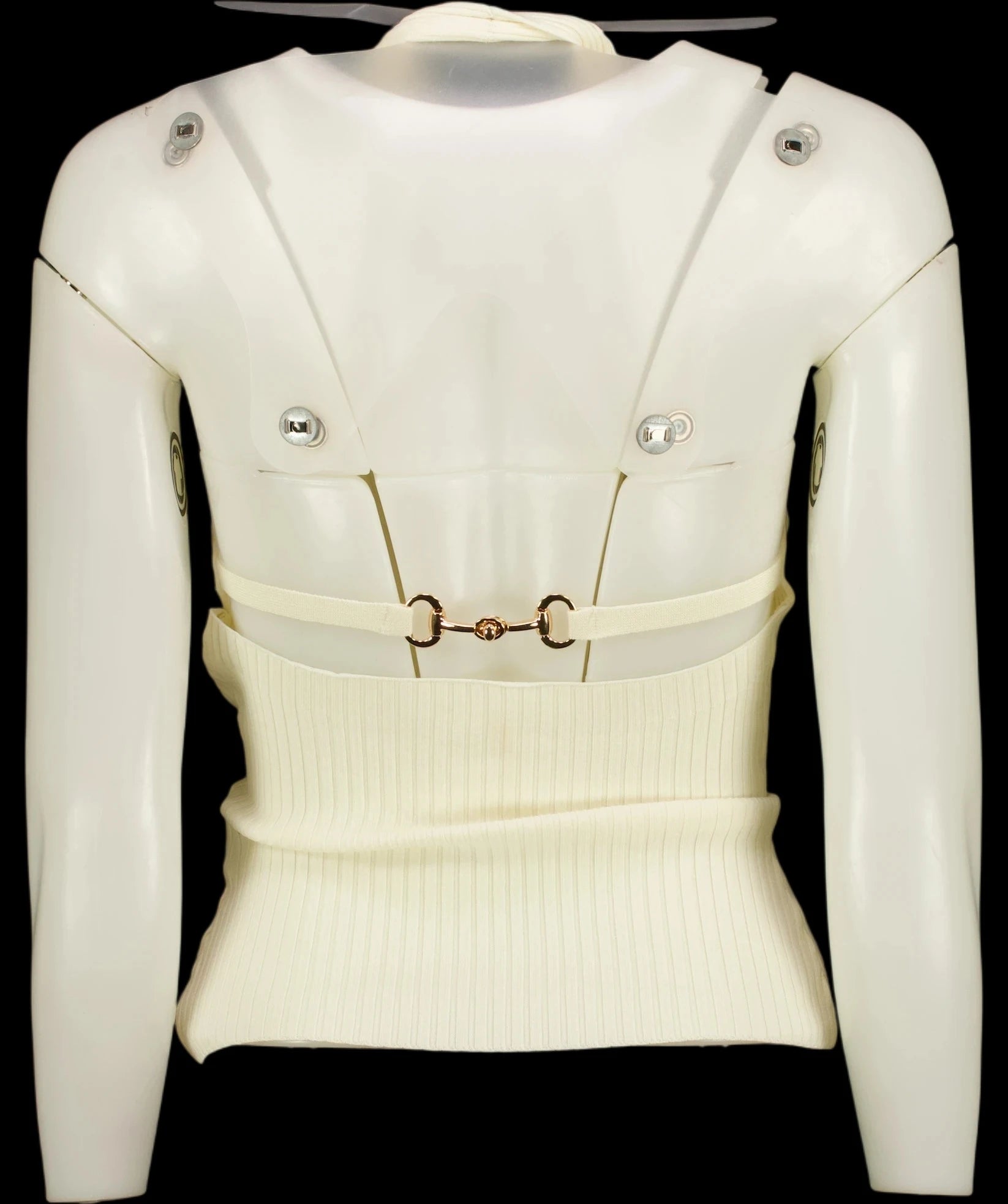 Commense White Ribbed Crisscross Halter Neck Knit Top with horsebit detail Off-White, size UK XS — label