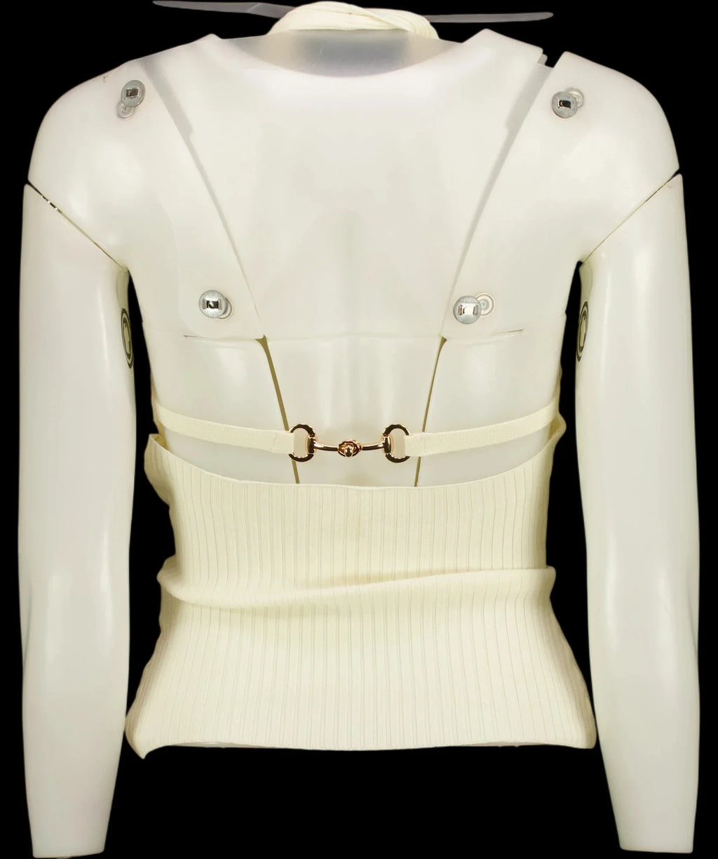 Commense White Ribbed Crisscross Halter Neck Knit Top with horsebit detail Off-White, size UK XS — label