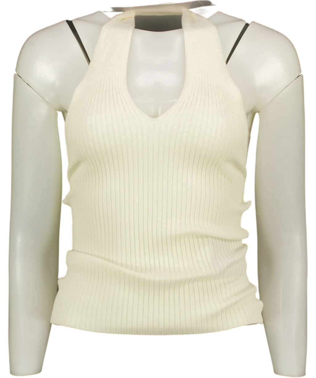 Commense White Ribbed Crisscross Halter Neck Knit Top with horsebit detail Off-White, size UK XS — front