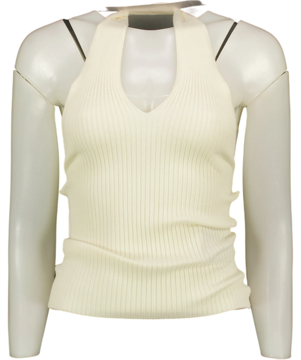 Commense White Ribbed Crisscross Halter Neck Knit Top with horsebit detail Off-White, size UK XS — front